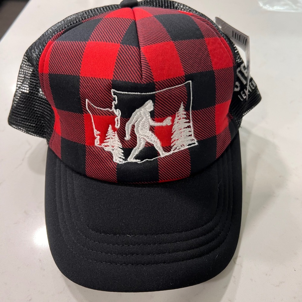 Ouray Sportswear Bigfoot Washington Buffalo Plaid Trucker Hat Snapback Red Black